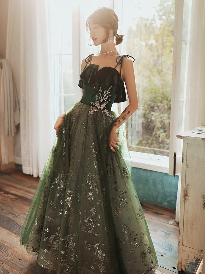 Beautiful Dark Green Straps Tulle with Velvet Party Dress, Green Evening Gown Prom Dress