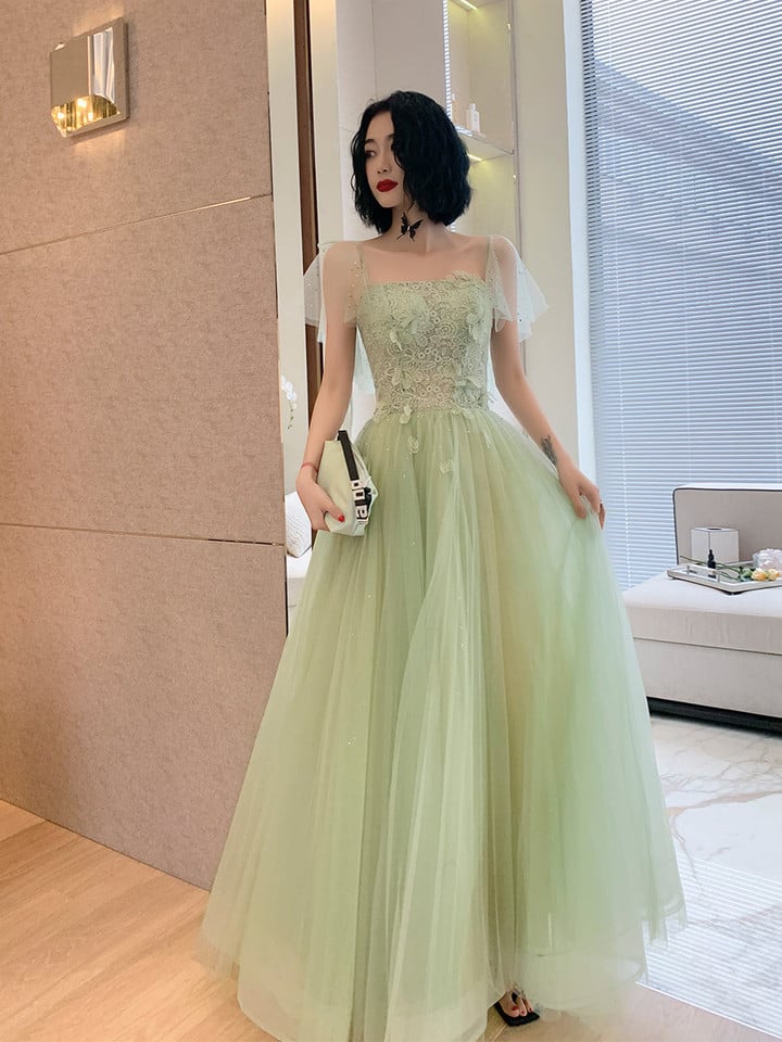 Green Tulle Tulle with Lace Party Dress Formal Dress, Green Evening Dresses