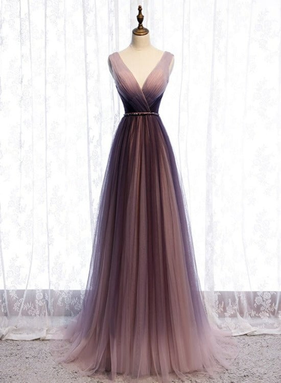 Beautiful Gradient V-neckline Tulle Long Prom Dress Party Dress, Gradient Evening Gown