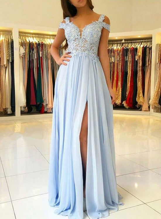Beautiful Chiffon Light Blue with Lace Long Formal Dress, Blue Chiffon Prom Dresses