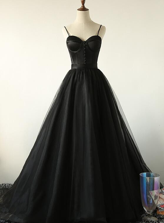 Black Straps Sweetheart Long Evening Prom Dress, Black Tulle Party Dresses