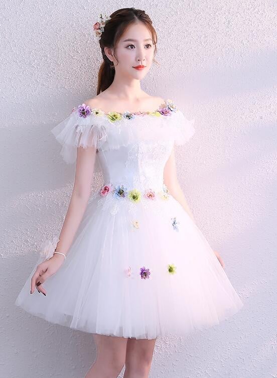 Lovely White Tulle Short Graduation Dress with Flowers, White Party Dresses