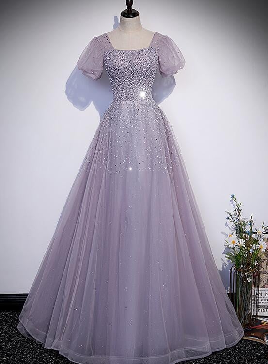 Beautiful Light Purple Shiny Tulle Long Party Dress, A-line Sequins Prom Dress