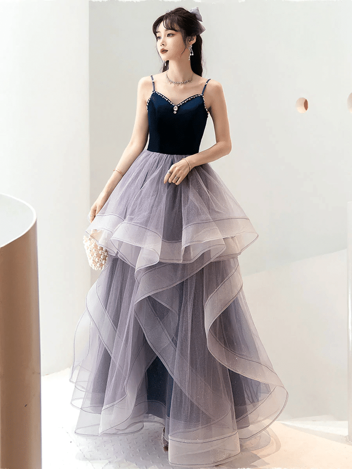 Light Purple Tulle with Navy Blue Velvet Straps Party Dress, Long Evening Gowns