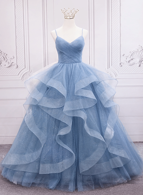 Blue Tulle Long Prom Dress Party Dress, Blue Layers Sweet 16 Dresses