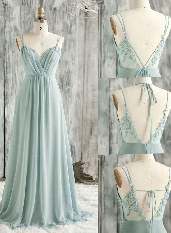 Unique Style Green Chiffon and Lace Long Party Dress, Low Back Party Dress