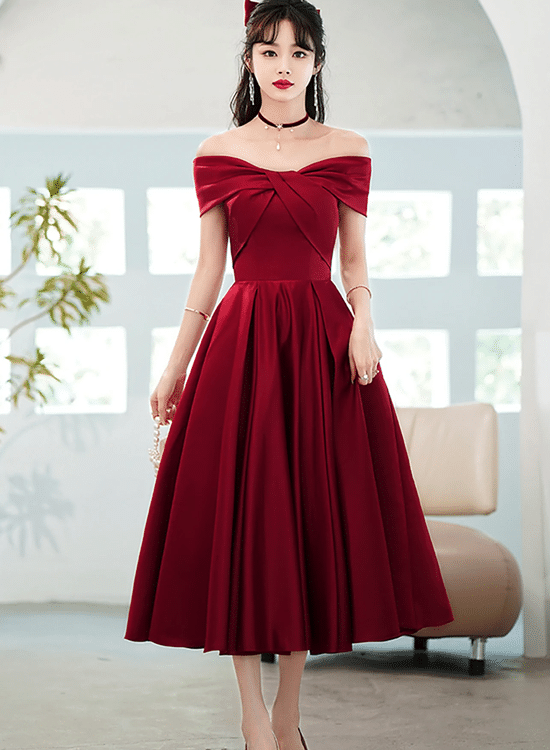 Wine Red Satin Tea Length Party Dress Homecoming Dress, Dark Red Party Dress