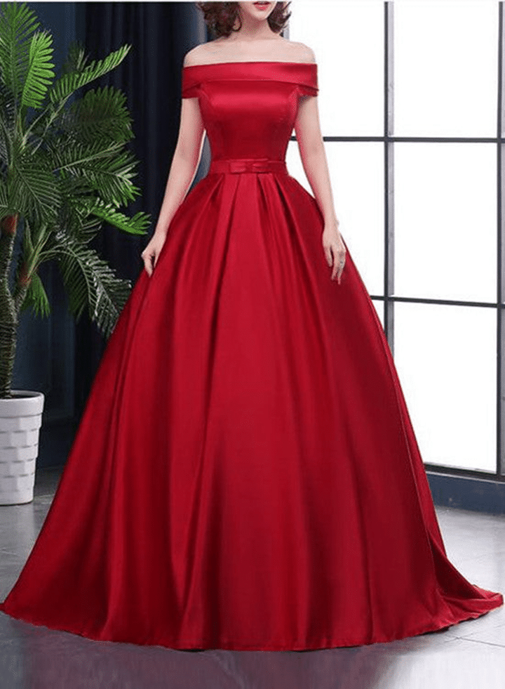 Dark Red Satin Long Evening Dress, Red Off Shoulder Prom Dress