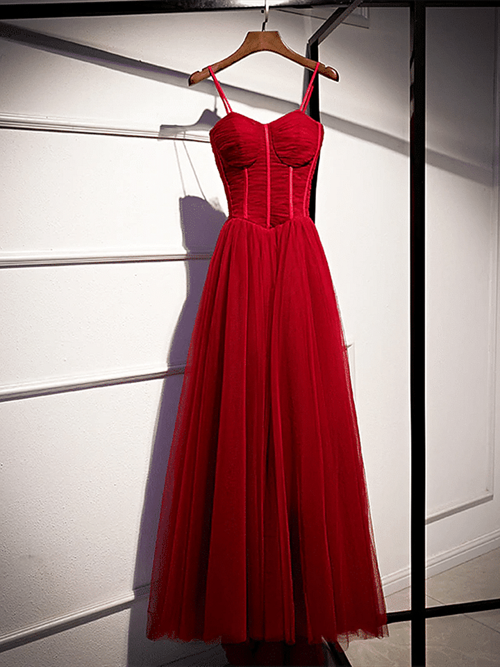 Charming Wine Red Tulle Straps Sweetheart Long Party Dress, A-line Red Prom Dress