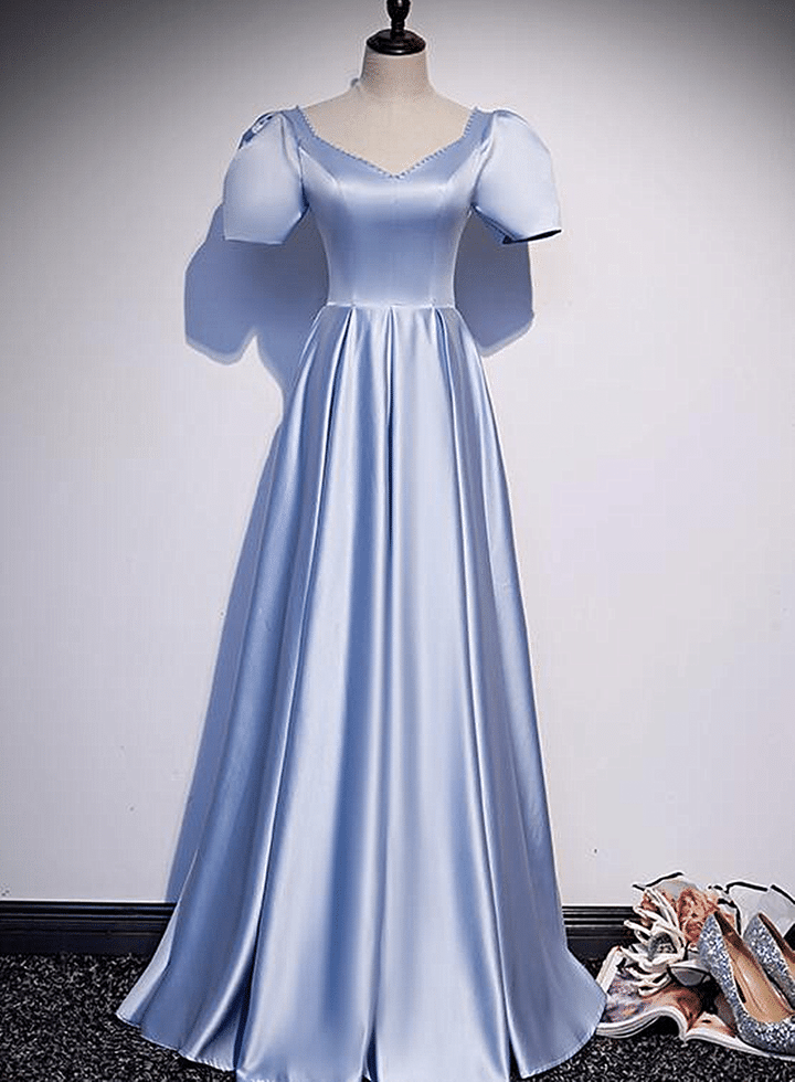 Unique Blue Satin Short Sleeves Long Evening Dress, Blue Party Dress Bridesmaid Dress