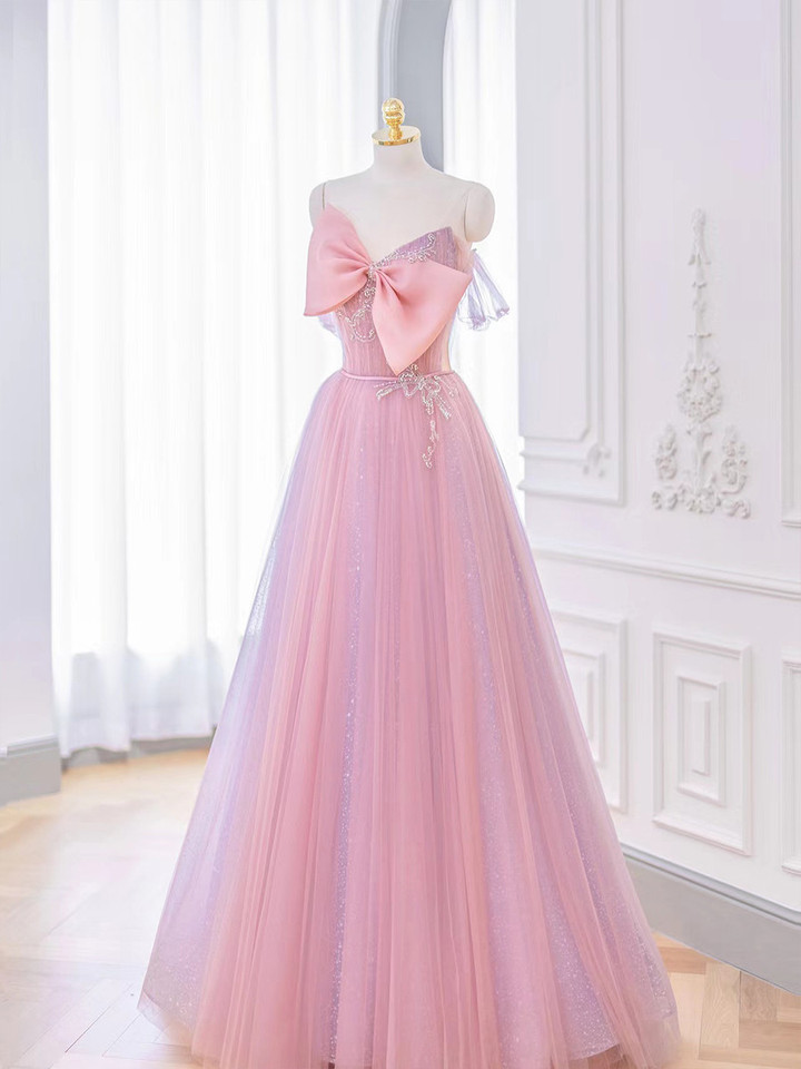 Lovely Pink Tulle Long Prom Dress with Bow, Pink Formal Dresses