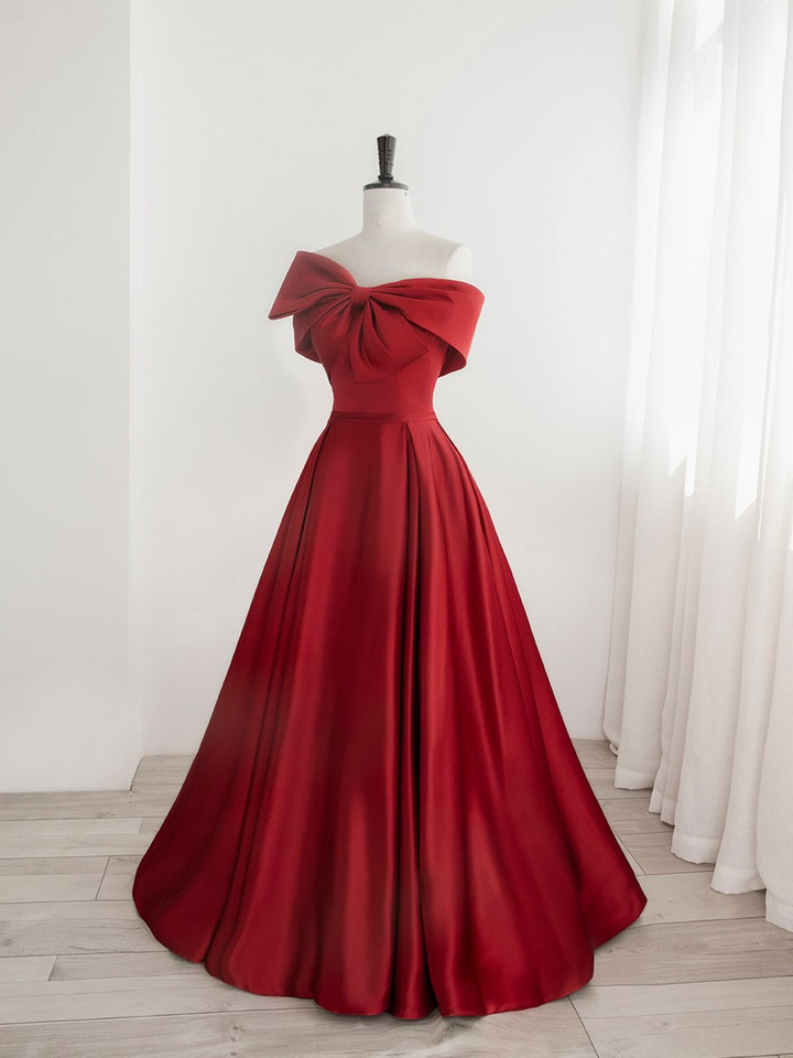 Red Satin One Shoulder Long Party Dress with Bow, Red Off Shoulder Prom Dress