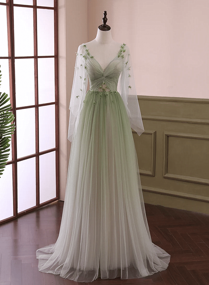 Light Green Gradient Soft Tulle Long Junior Prom Dress, Green Formal Dress Party Dress