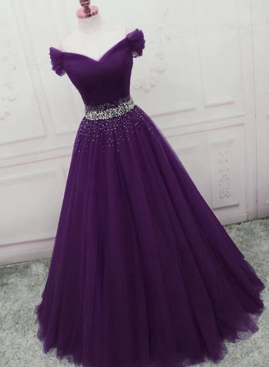 Dark Purple Beaded Tulle Off Shoulder Party Dress, Purple Junior Prom Dresses