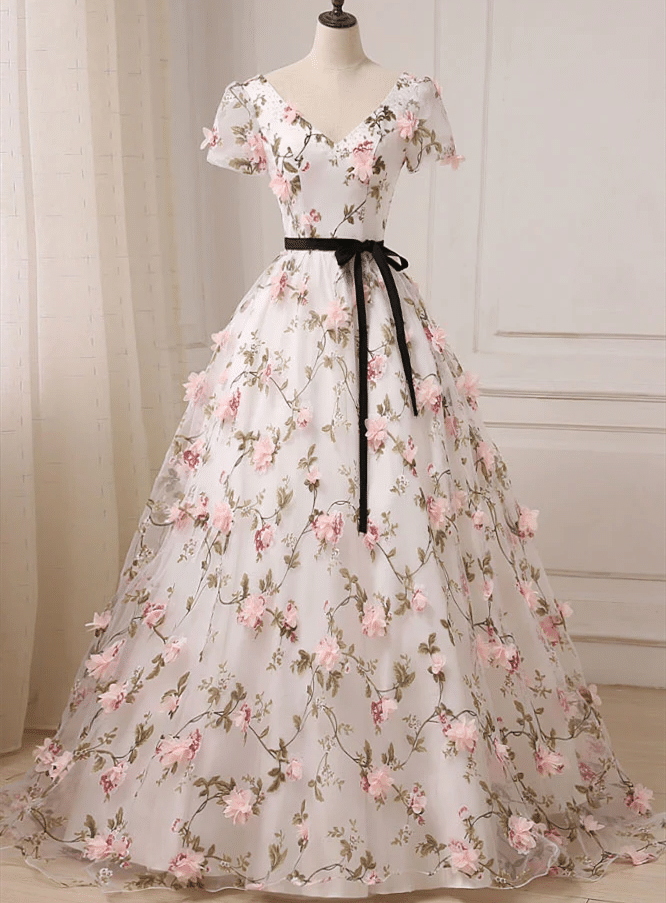 Beauitufl Floral V-Neck Lace Short Sleeve Flowers Long Prom Dress, Floral Party Dress