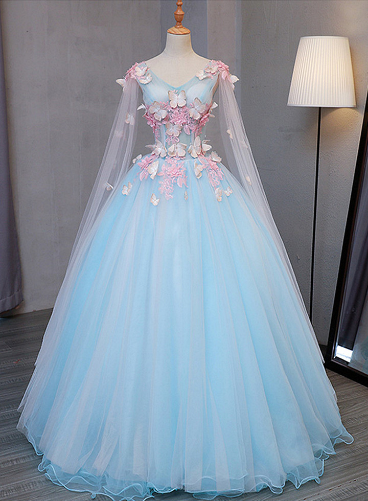 Blue Tulle Formal Dress with Pink Lace, Blue Ball Gown Sweet 16 Dresses