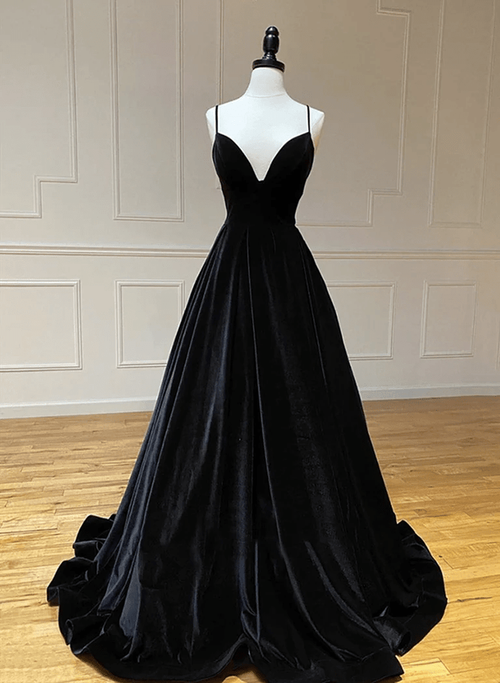 Black Velvet Long A-line Low Back Prom Dress, Black V Neck Wedding Party Dress