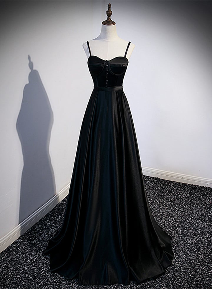 Black Satin Long Party Dress, Black Simple Junior Prom Dress