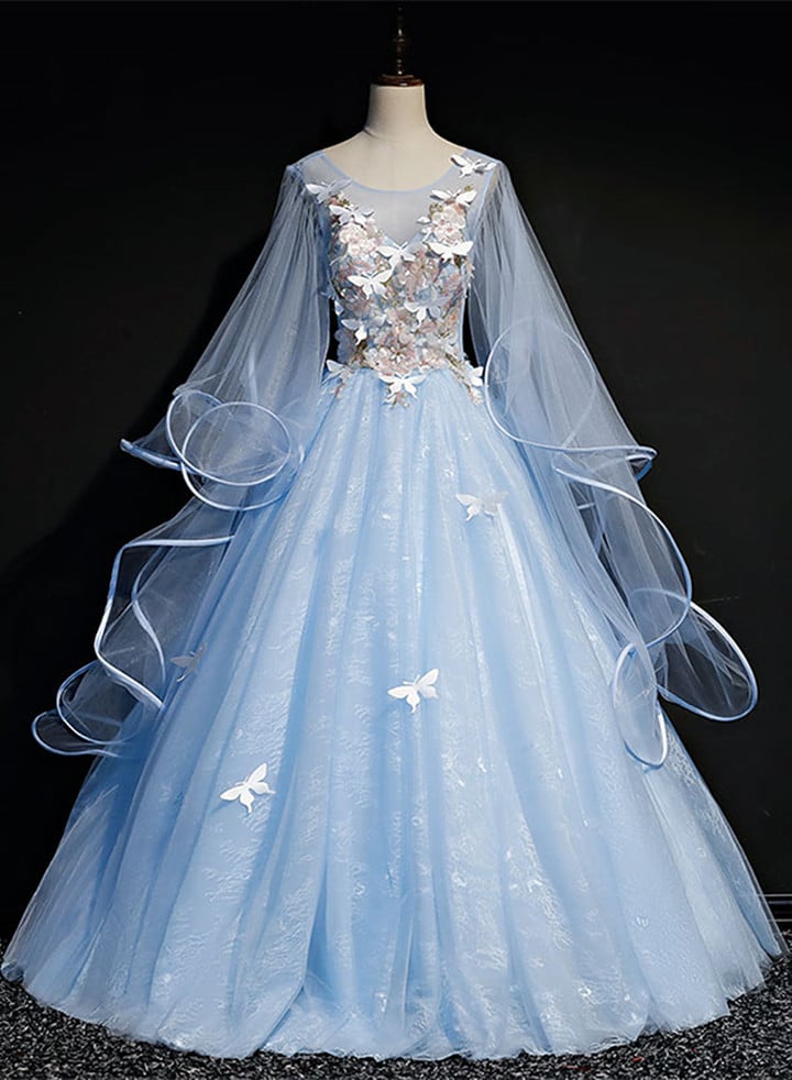 Light Blue Tulle A-line Party Dress, Blue Sweet 16 Gown with Flowers