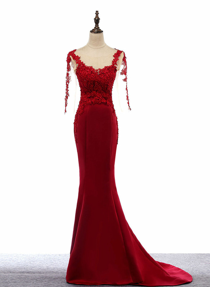 Wine Red Mermaid Long Formal Dress with Lace, Wine Red Prom Dress