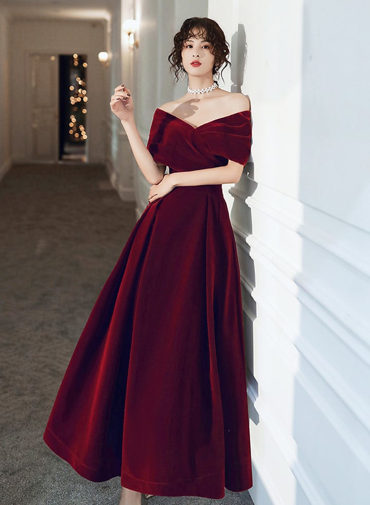 Lovely Velvet Simple A-line Long Wedding Party Dress, Wine Red Prom Dress