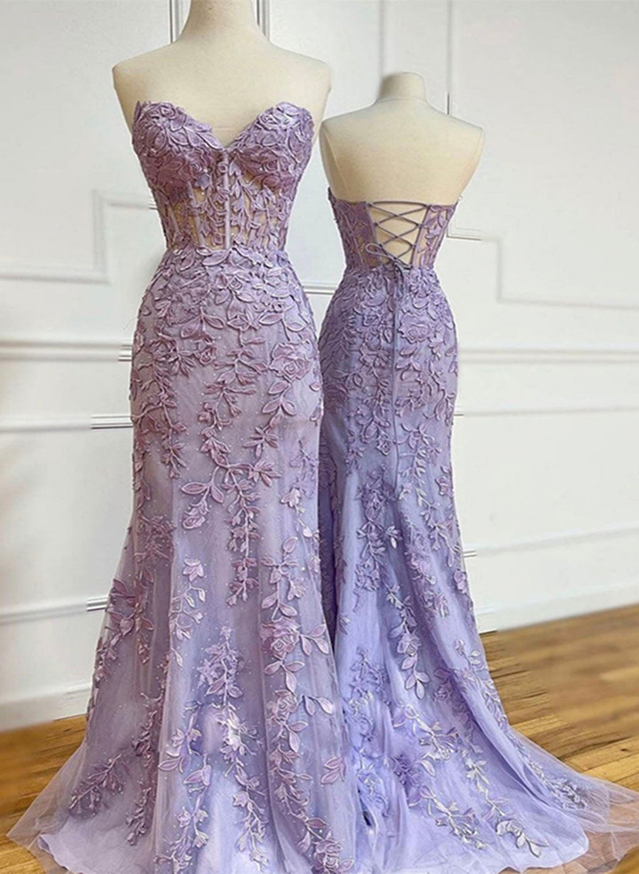 Mermaid Strapless Purple Lace Long Prom Dresses, Light Purple Lace Party Dresses