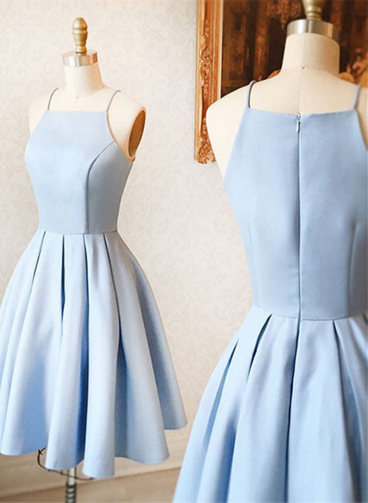 Blue Satin Short Halter Prom Dress, Light Blue Short Homecoming Dress