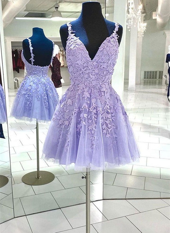 Lavender Tulle with Lace Straps Short Homecoming Dress, Lavender Prom Dress