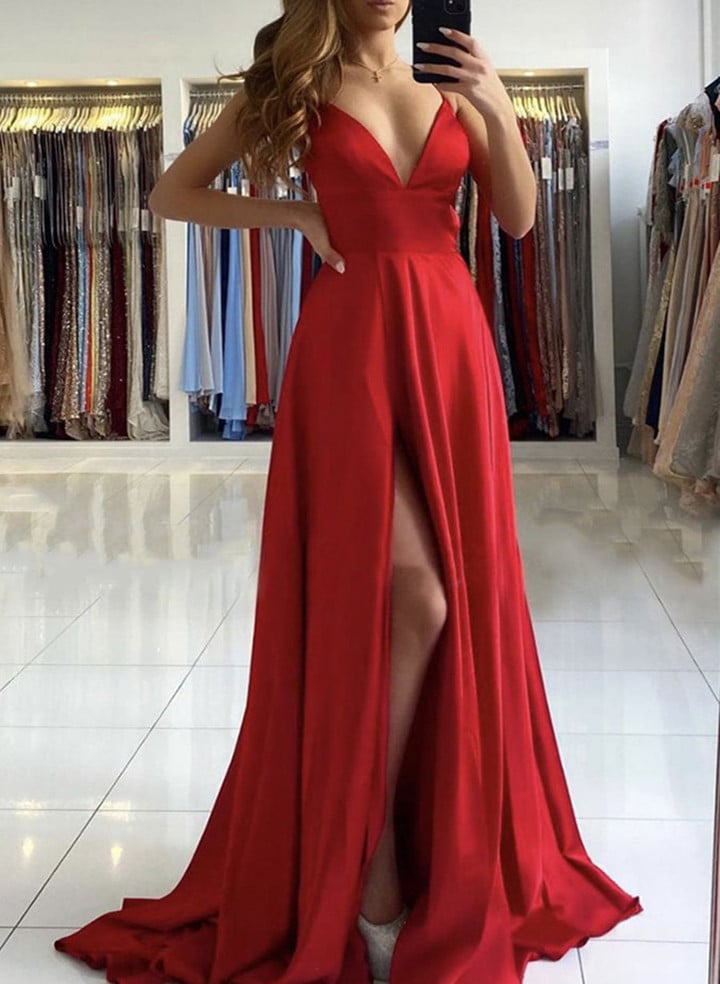 Red Satin Simple Long V-neckline Prom Dress, Red A-line Floor Length Party Dress