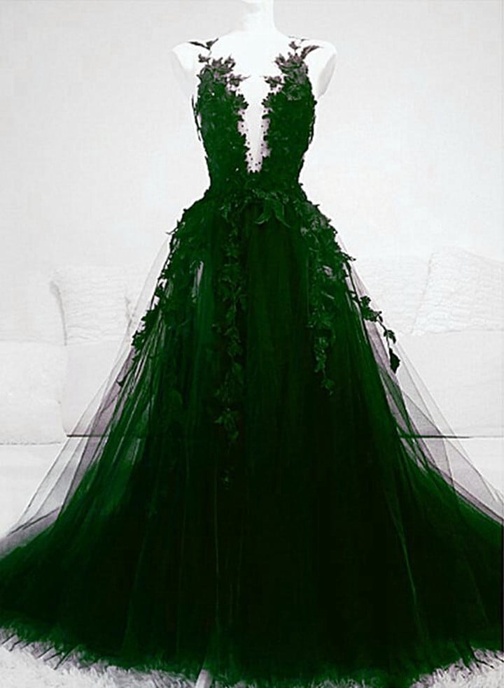 Green Tulle With Lace Deep Neckline Backless Prom Dress, Dark Green Party Dress
