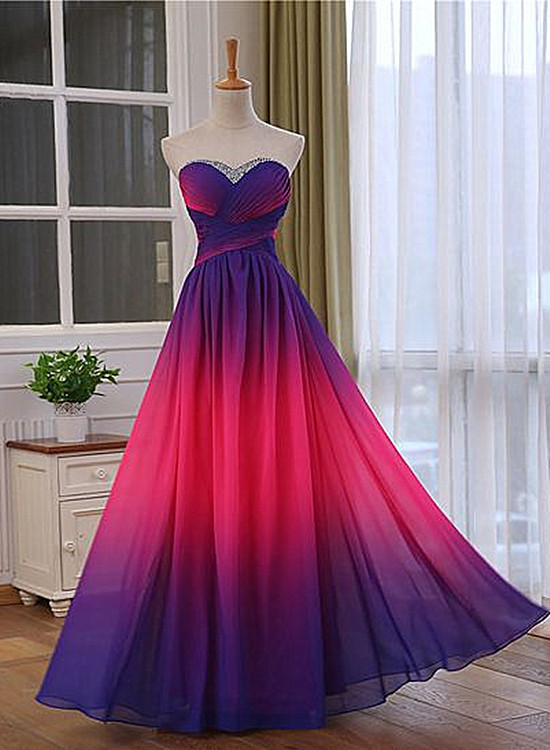 Beautiful Gradient Chiffon Sweetheart Beaded Prom Dress, A-line Gradient Party Dress