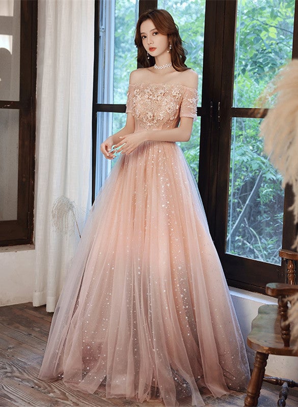 Pink Tulle Off Shoulder with Lace A-line Party Dress, Pink Long Evening Gown