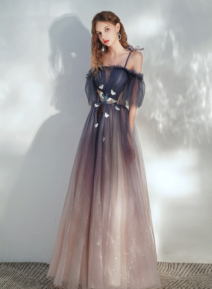 Beautiful Gradient Tulle Off Shoulder with Butterflies, A-line Simple Long Prom Dress