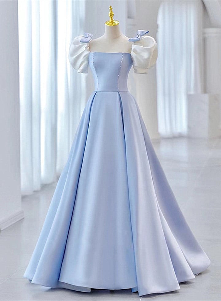 Blue Satin Short Sleeves with Bow Lace-up Party Dress, Blue Prom Dress
