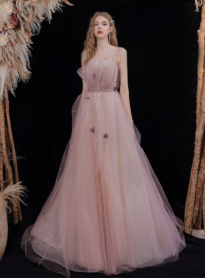 Pink Tulle with Beadings Spaghetti Strap Long Formal Dress, Pink Junior Prom Dress