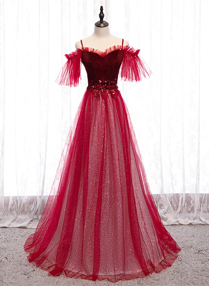 Off Shoulder Wine Red Velvet and Tulle Party Dress, A-line Tulle Floor Length Prom Dress