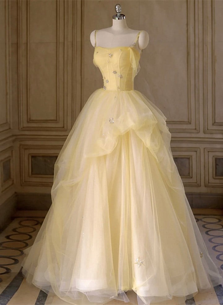 Light Yellow Tulle Long Party Dress, Yellow Tulle Prom Dress