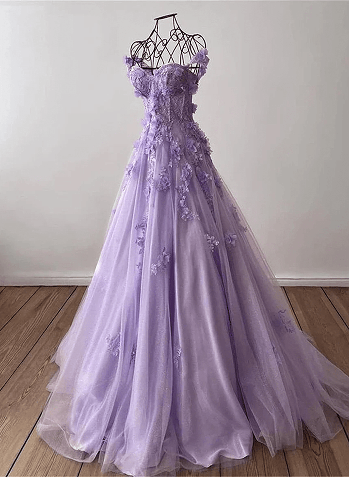Lilac Sweetheart 3D Flowers Lace Applique Prom Dresses,Tulle Evening Dress