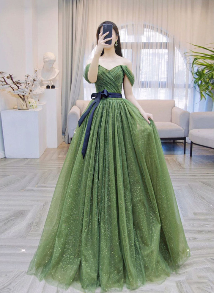 Shiny Green Tulle Long Prom Dresses, Green Tulle Wedding Party Dress