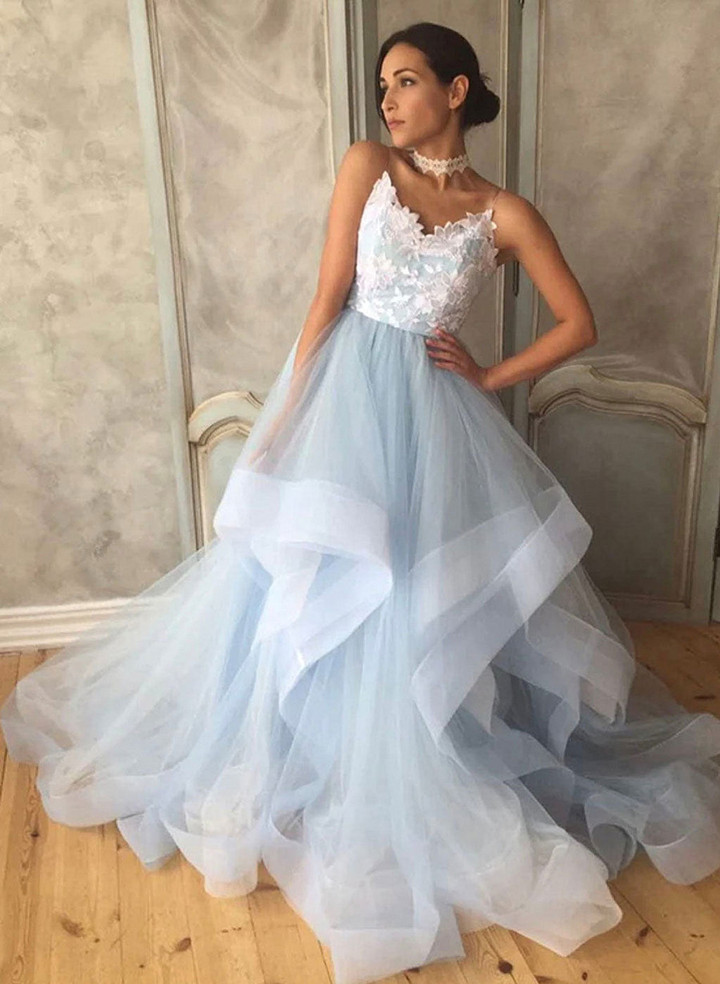 Light Blue Tulle Straps Lace Open Back Prom Dress, Blue Long Formal Dress