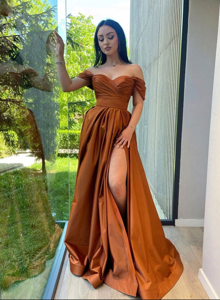 Satin Off Shoulder Sweetheart Long Party Dress with Leg Slit, Long Prom Dress