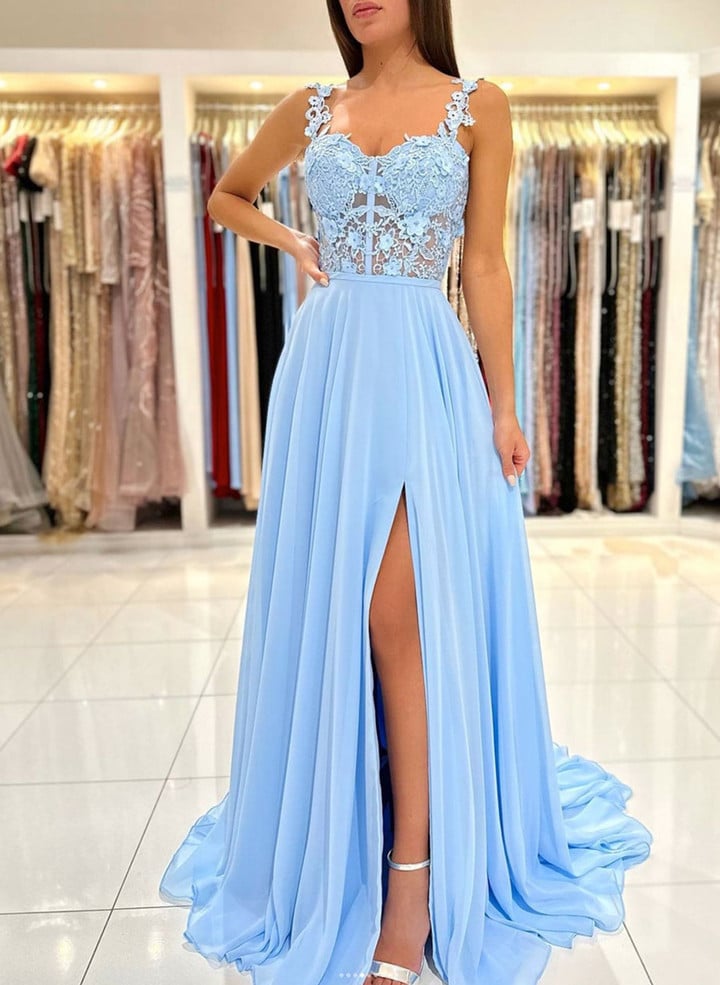 Light Blue Chiffon Long Party Dress with Lace, Sweetheart Blue Prom Dress