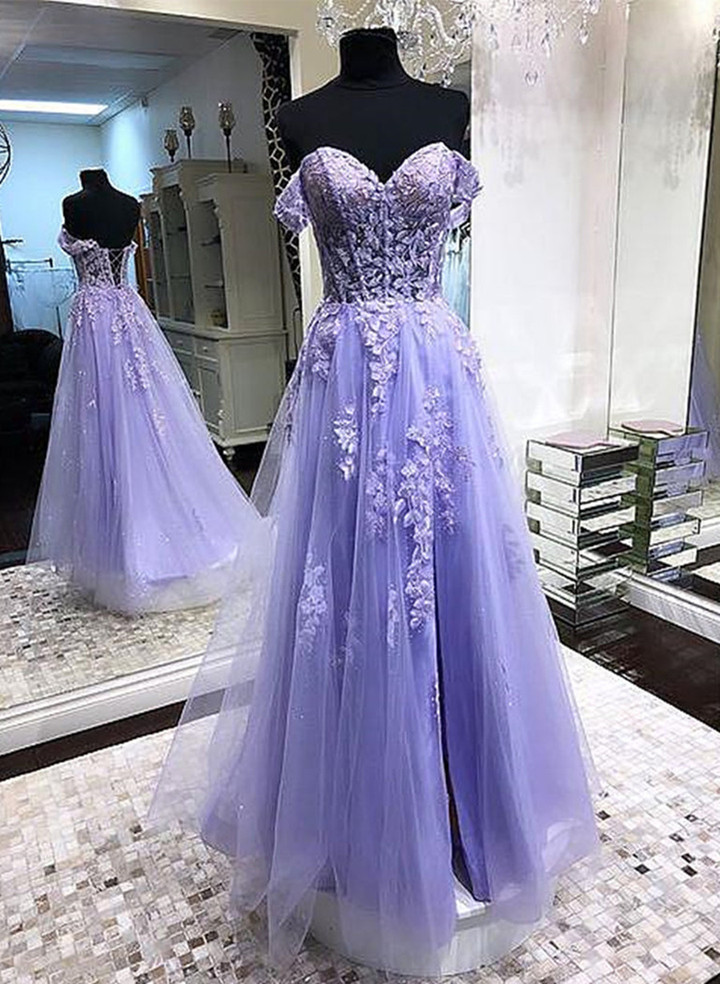 Light Purple Off Shoulder Lace Long Prom Dress, Lilac Lace Formal Dress
