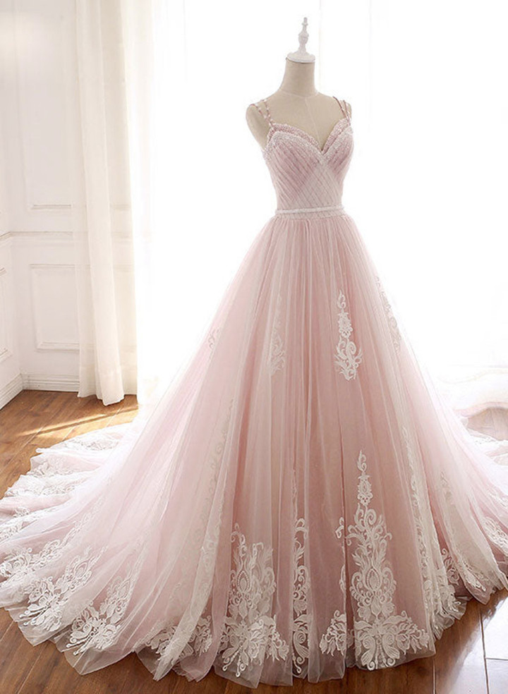 Pink Elegant Tulle V-neckline Straps Party Dress with Lace, Pink Sweet 16 Dress