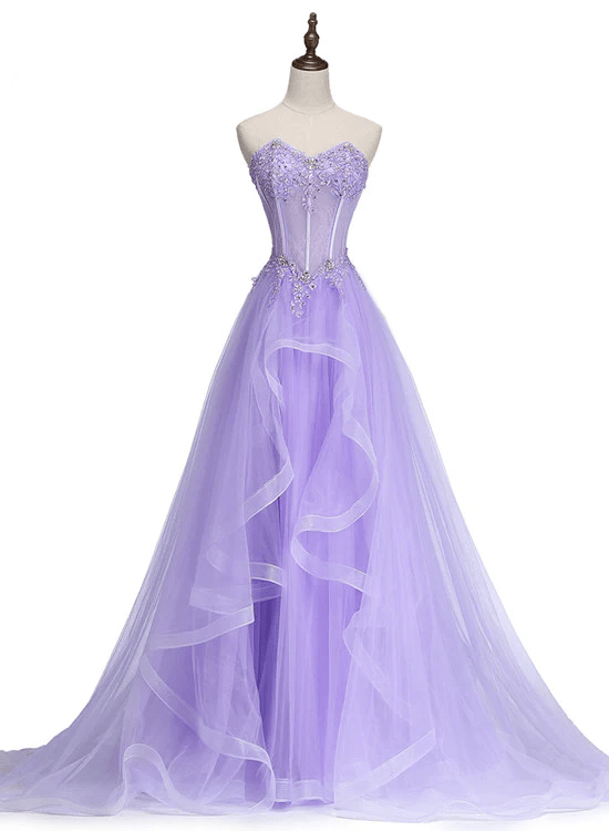 Light Purple Tulle Sweetheart Long Party Dress, A-line Tulle Formal Dress