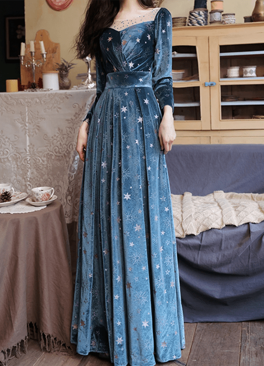 Blue Velvet Long Sleeves Floor Length Wedding Party Dress, Blue Bridesmaid Dresses