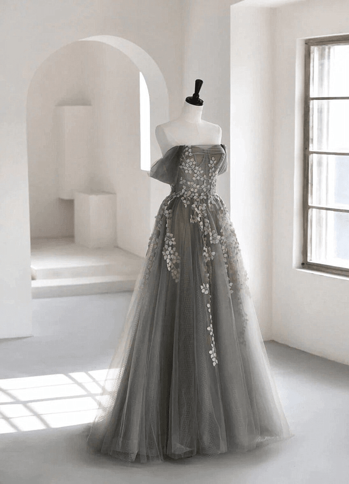 Grey Off Shoulder Tulle with Lace Applique Long Party Dress,Grey Prom Dress