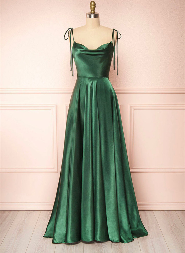 Green Satin Long A-Line Prom Dress, Spaghetti Straps Evening Dress