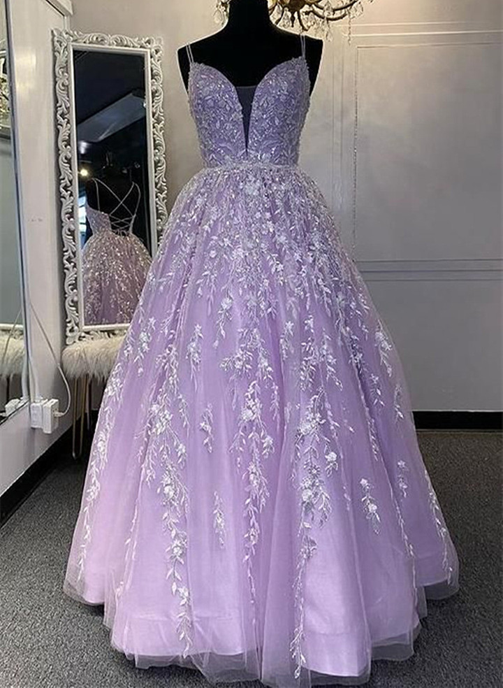 Lavender Tulle V-neckline with Lace Applique Long Party Dress, A-line Prom Dress