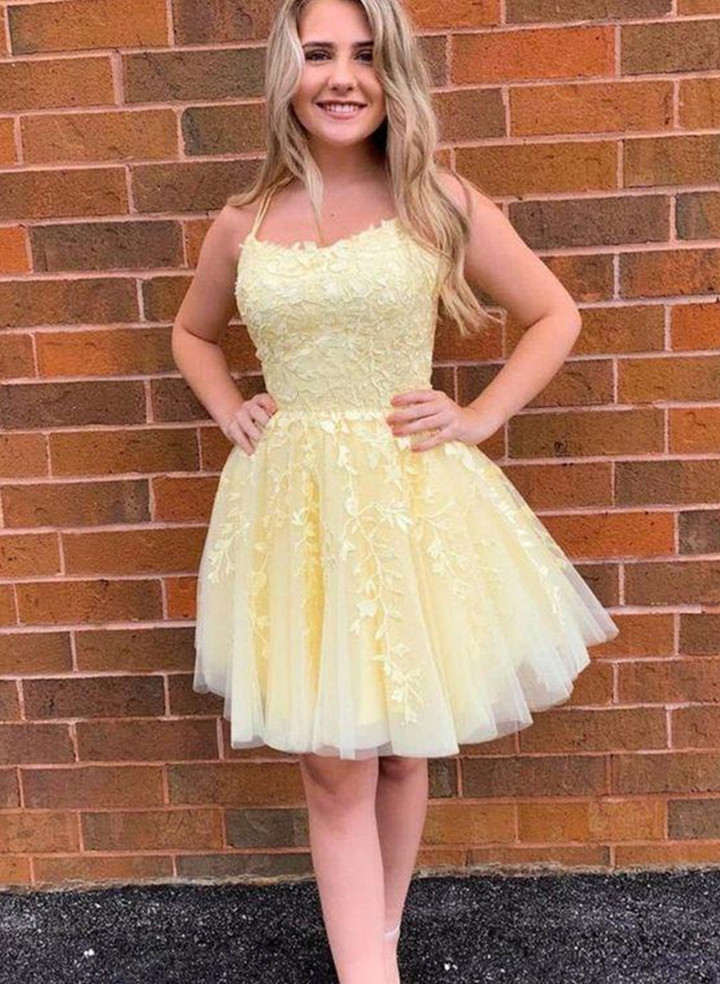 Yellow Lace Short Prom Dress, Yellow Lace Formal Graduation Party Dress